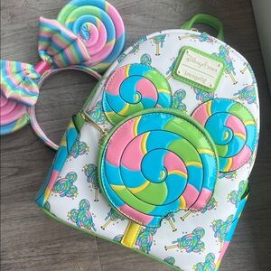 NWOT Loungefly Disney Parks Disney Eats Lollipop Mini Backpack + Ears Bundle